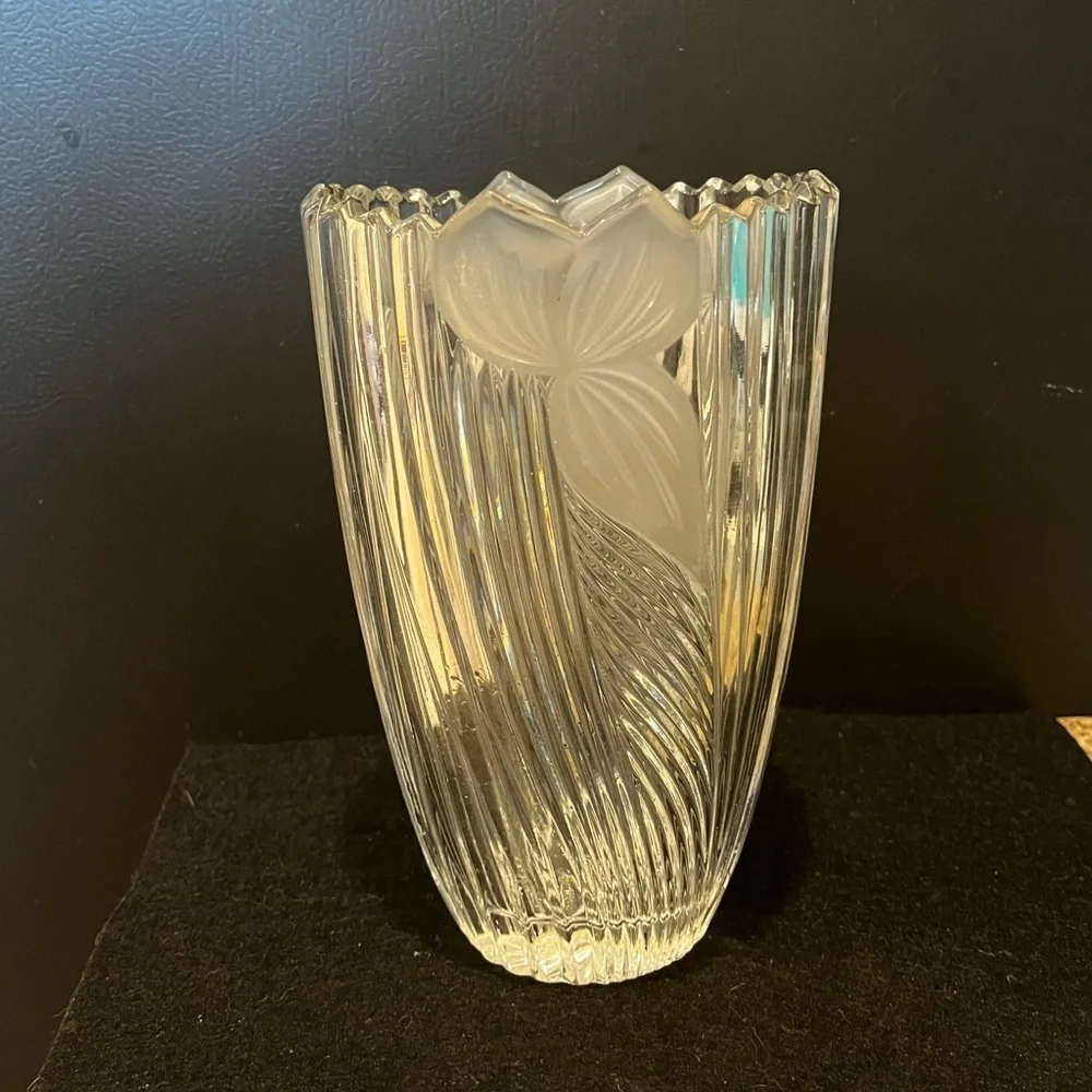 VTG Anna Hutte Bleikristall clear cut 24% lead crystal vase frosted iris design